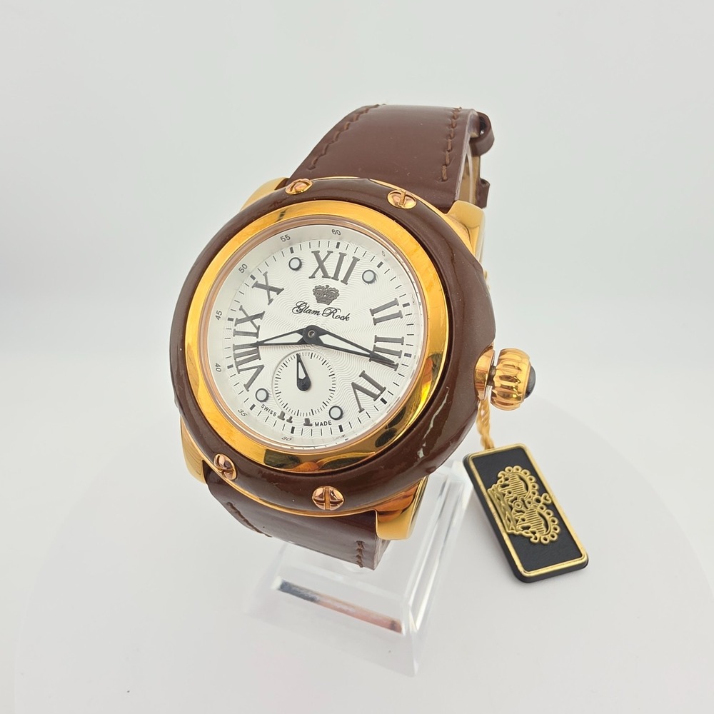 New w Tag! GLAM ROCK Miami Watch GR10034 Resin Bezel Brown Leather Gold Plate 8"